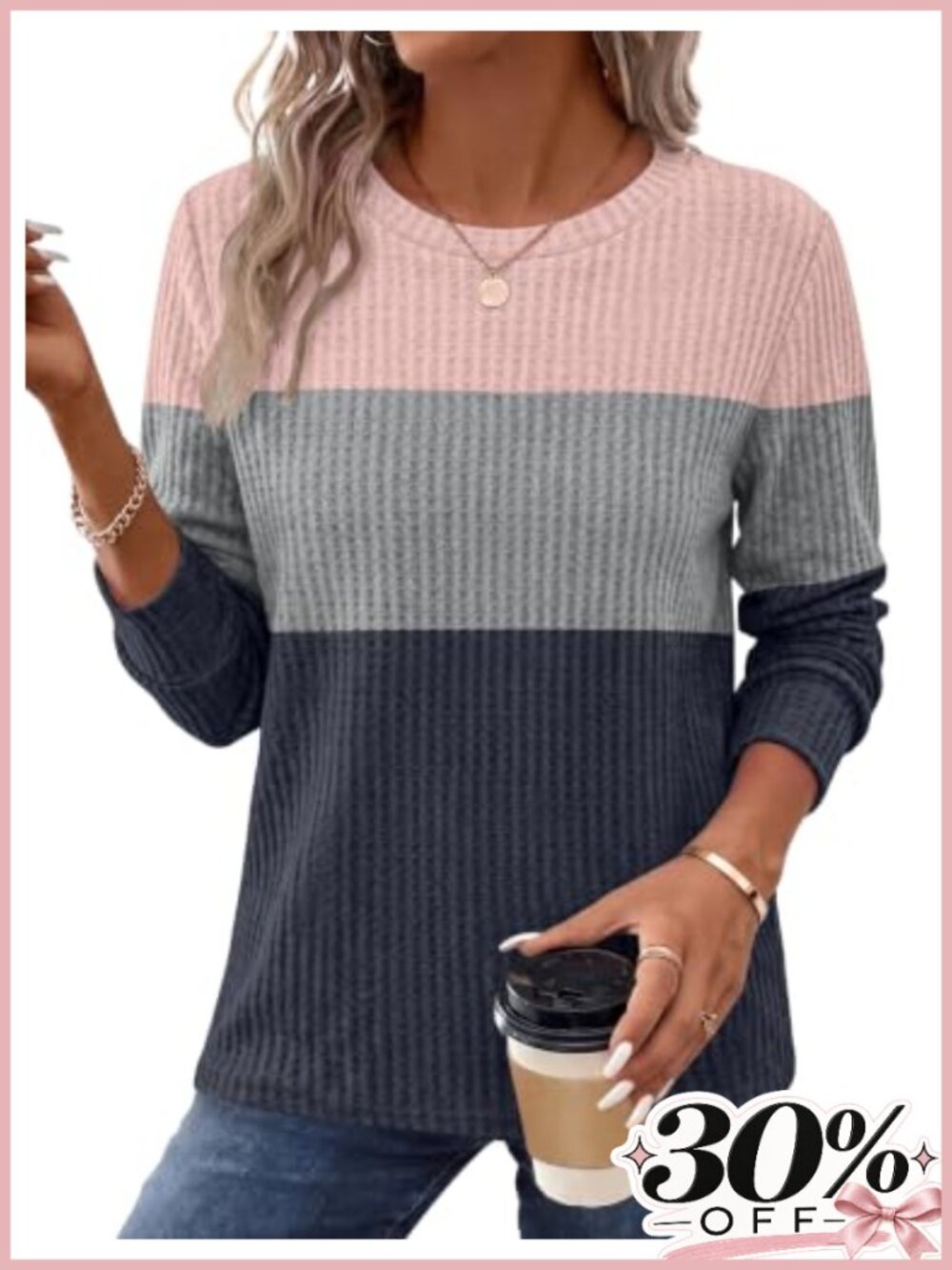 Waffle Knit Long Sleeve Tunic Sweatshirt Crew Neck Pullover Casual